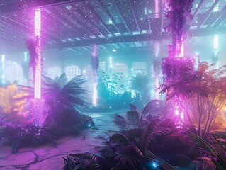 Futuristic Garden with Glowing Bioluminescent Plants at Night