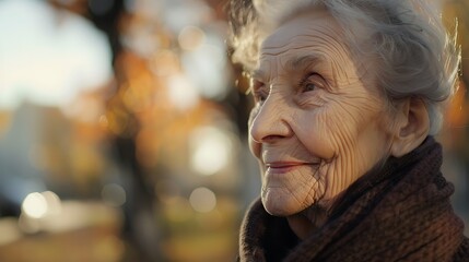 A serene portrait of an elderly woman with a gentle smile, captured in natural light.