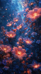 Fototapeta premium Whimsical Fantasy Garden with Glowing Flowers and Magical Atmosphere, Perfect for Fantasy and Dream-Themed Photography. Phone theme, phone wallpaper, backgrounds
