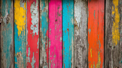 Obraz premium Colorful Weathered Wooden Fence Background with Peeling Paint in Vibrant Colors, Rustic Texture