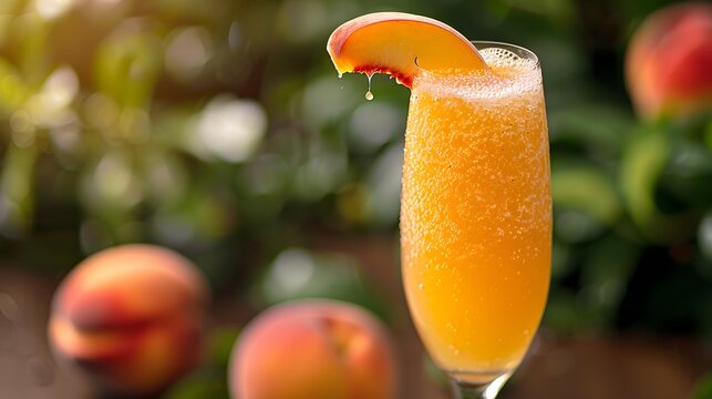Peach bellini cocktail, sparkling bellini, peach puree, champagne flute, bubbles, peach garnish