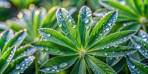 Large lupine leaves covered in dew drops, lupine, leaves, green, dew drops, nature, plant, flora, foliage, water droplets