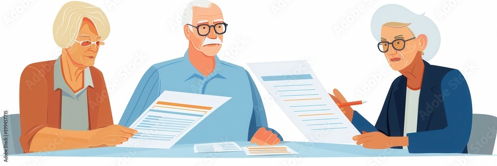Poster three elderly individuals are engaged in a focused discussion, reviewing important documents while s
