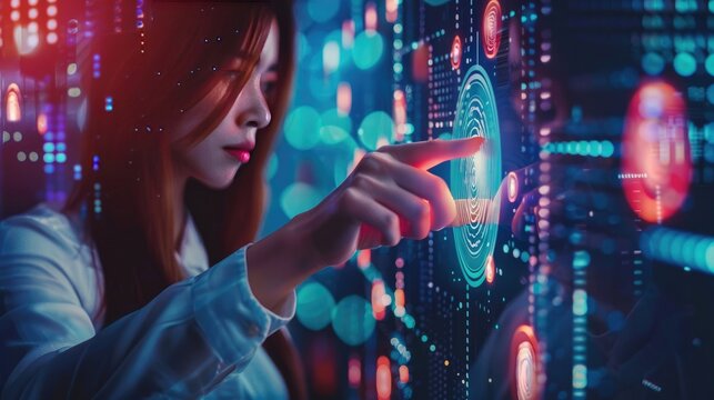 Businesswoman using biometric fingerprint scanner to unlock confidential files