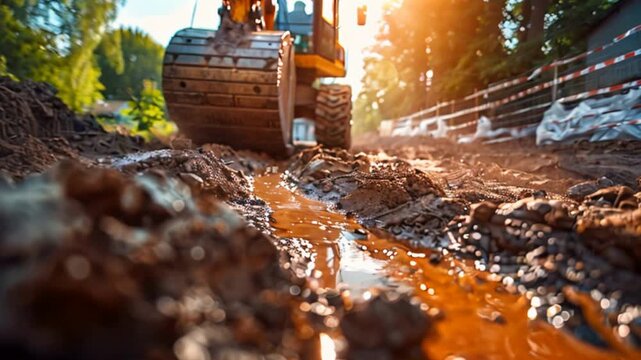 Cropped picture of a backhoe digging soil and making foundation at construction site.
