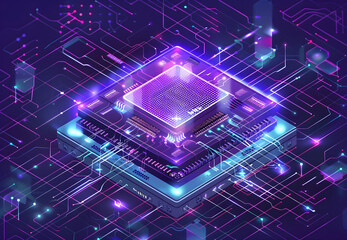 Experience the cutting-edge technology of a futuristic processor chip featuring beautifully illuminated circuits. Purple illustration.