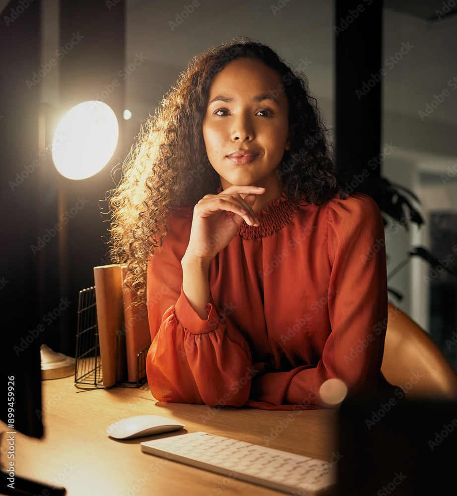 Aufkleber portrait, thinking and woman in office at night for problem solving global business report on deadli