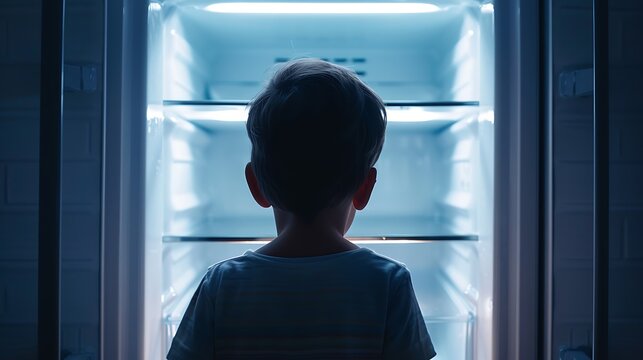 A thin child standing in front of an empty refrigerator, looking inside with despair.