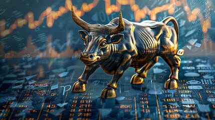 Golden bull statue standing on a digital background with stock market charts, symbolizing growth, success and wealth in the financial world.