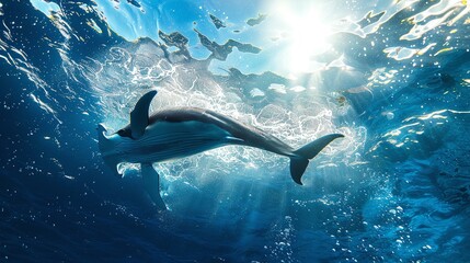 hammerhead whale or Sphyrna mokarran swimming underwater under sea life with bubbles and sunbeams in blue deep water, sealife wide banner poster with copyspace