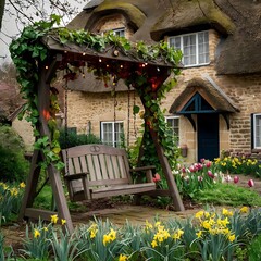 A charming wooden swing draped with ivy and fairy lights, nestled among a garden of blooming tulips and daffodils with a backdrop of a stone cottage