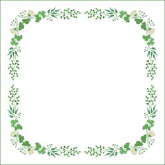Elegant green  vegetal ornamental frame with cute flowers, decorative border, corners for greeting cards, banners, business cards, invitations, menus. Isolated vector illustration.	
