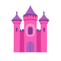 Pink castle flat design vector illustration, beautiful fairytale castle clip art image, magical princess castle vector clipart, isolated on white background