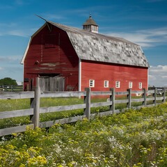 A classic red barn with a weathered wooden fence, surrounded by a field of wildflowers in full bloom under a clear blue sky