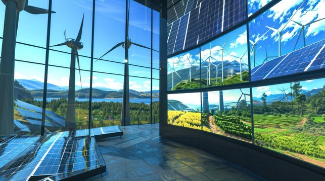 high-tech virtual conference for renewable energy, with screens displaying innovations in solar, wind, and hydro power