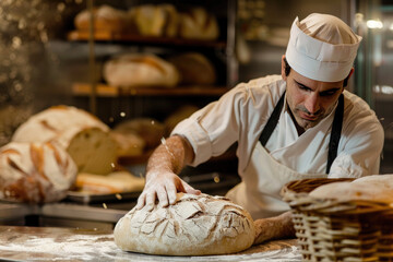 Baker kneading dough for rustic loaf in traditional bakery