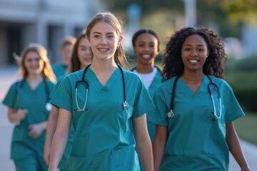 Diverse medical students in scrubs on educational journey.