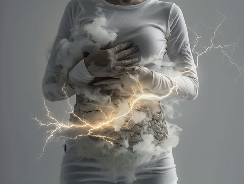 Femme se tordant de douleur au niveau du ventre avec des &eacute;clairs, montre la douleur chronique, le handicap invisible, la souffrance de r&egrave;gles, endom&eacute;triose, infertilit&eacute;, cancer ovarien, tumeurs, SOPK