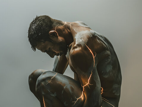 Corps d'un homme recroquevill&eacute; sur un fond blanc, peau craquel&eacute;e avec des &eacute;clairs de douleurs, repr&eacute;sentant des br&ucirc;lures, handicap invisible, douleur chronique et souffrance psychologique