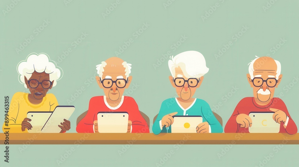 Aufkleber a group of elderly people share a light moment using tablets while seated at a table indoors. genera