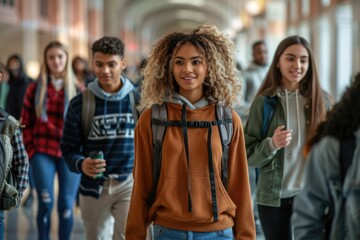 Fototapeta premium Multiracial students socializing in university hallway during break.