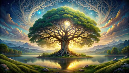 Ancient and majestic depiction of Yggdrasil, the Norse World Tree , mythology, roots, creation, Nordic