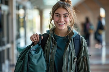 Fototapeta premium Portrait of smiling female college student walking to class with bag