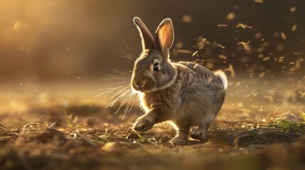 Cute bunny rabbit running through a field of grass, bathed in the golden light of the setting sun.