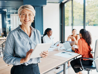 Portrait, research and mature woman with tablet, boardroom and online of business or entrepreneur...
