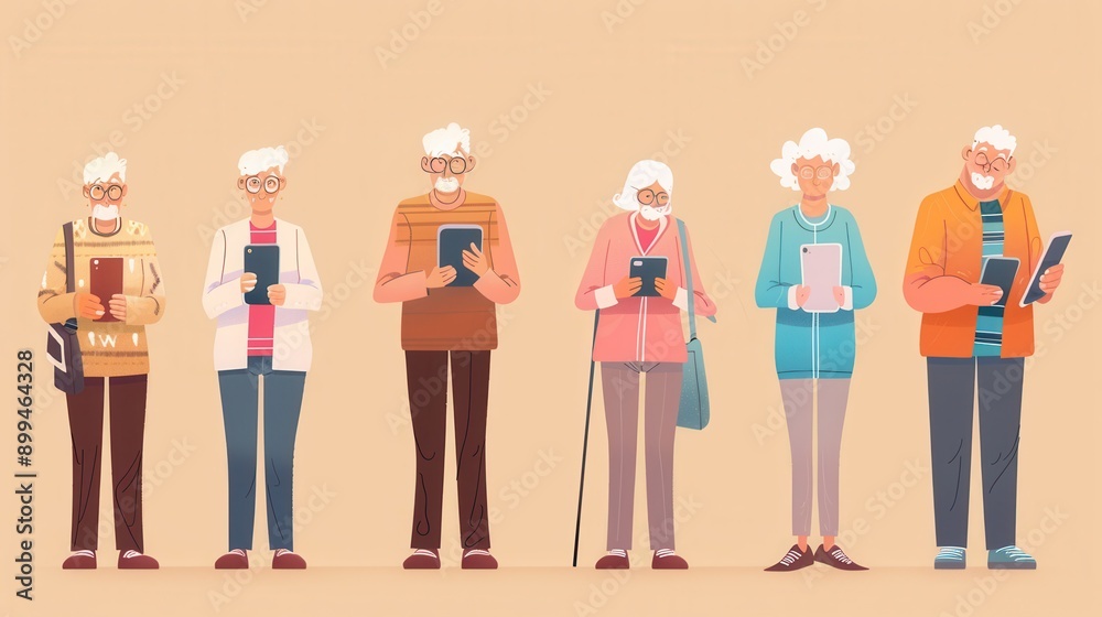 Poster a group of elderly individuals utilizes tablets while standing together in a sunny, warm room, engag