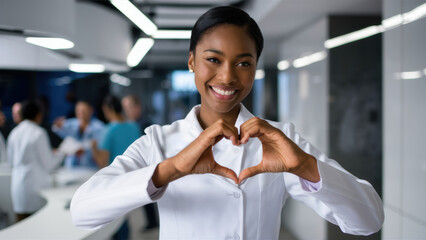 A woman in white coat making a heart shape with her hands, AI