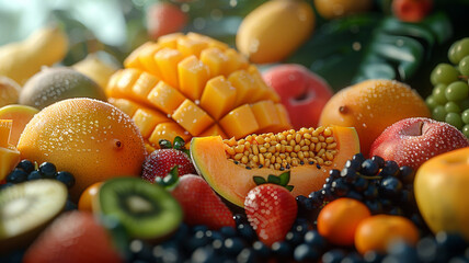 A Bountiful Display of Set of delicious fresh vibrant fruits close-up	
