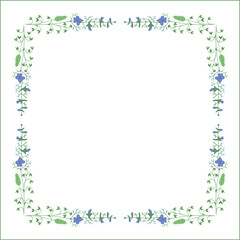 Elegant green and blue vegetal ornamental frame with blue flowers, decorative border, corners for greeting cards, banners, business cards, invitations, menus. Isolated vector illustration.	
