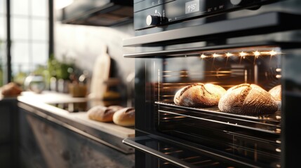 Artistic shot of smart ovens baking gourmet bread, with a focus on detailed textures and modern designs. --ar 16:9 --style raw Job ID: 52eb06d2-54f9-4751-8af8-1951843100eb