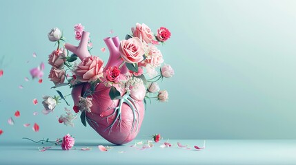 World Heart Day concept featuring an anatomical heart adorned with pastel floral design. Concept Anatomical Heart, Floral Design, Pastel Colors, World Heart Day, Health Awareness