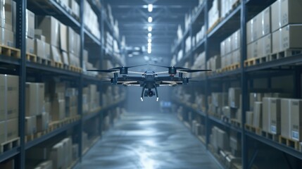 Obraz premium Business, transportation, technology in the future featuring drone delivery services, showcasing cutting-edge drone technology in a setting of an urban warehouse, emphasizing efficiency and speed