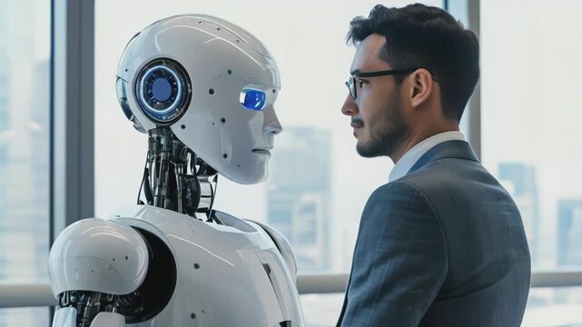 businessman in a suit stands face-to-face with a humanoid robot in a modern office setting. This striking image highlights the intersection of human and artificial intelligence, symbolizing future col