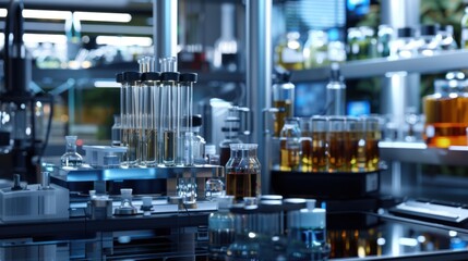 A laboratory with many glass containers and bottles