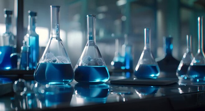 A table with many glass beakers and bottles of various colors