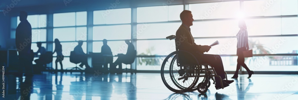 Poster Man in wheelchair reading document in open office space. Disability inclusion and workplace diversity.