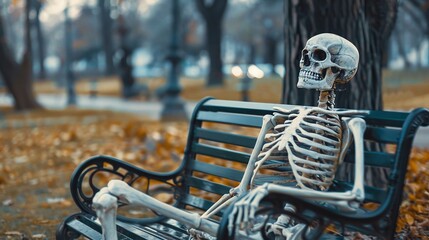 Waiting concept. A human skeleton sits on a bench in the park, endlessly waiting for true love