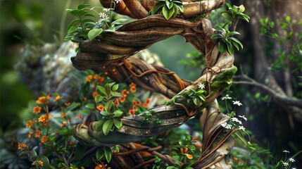 Fototapeta premium Enchanting Wooded Spiral with Lush Greenery and Vibrant Flowers in Natural Forest Setting