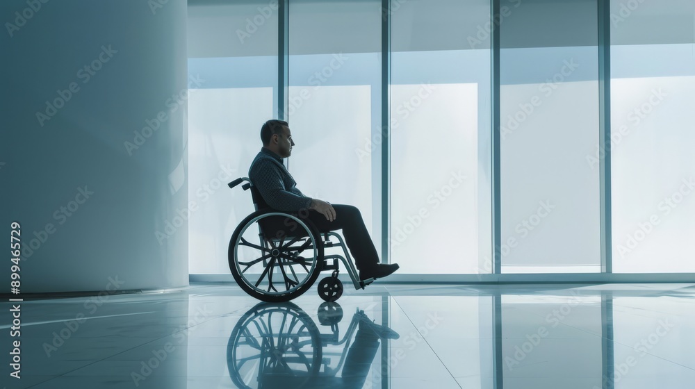 Poster Side view of man in wheelchair in modern office building with large windows. Independence, mobility, and modern architecture concept.