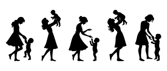 Mom and baby playing silhouette black filled vector Illustration icon