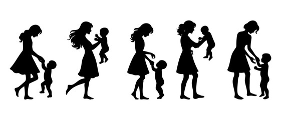 Mother helping her baby to walk silhouette black filled vector Illustration icon