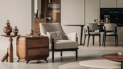Fototapeta premium Modern living room interior with armchair, wooden commode, side table and elegant home accessories. Dining room in the back illustration.