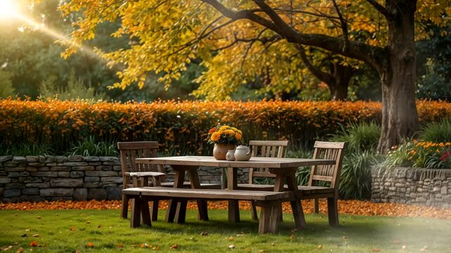 chairs and dining table in autumn garden