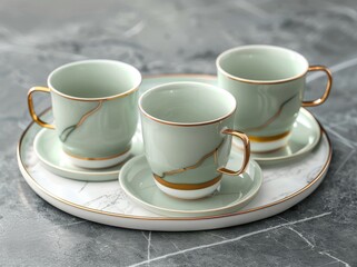A set of white jade material porcelain tea cups with gold rims, placed on a tray, in the style of super realistic photography, perspective view, full body shot, high definition image quality. 