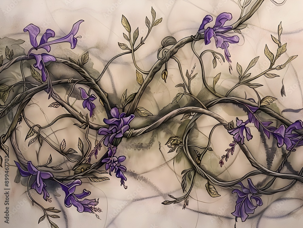 Poster Swirling Purple Vines with Chestnut-Infused Blooms in Serene Botanical Landscape