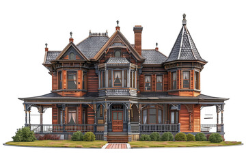 An elegant Victorian house featuring intricate woodwork, prominent turrets, and a charming wraparound porch, exuding classic architectural beauty, on white background.